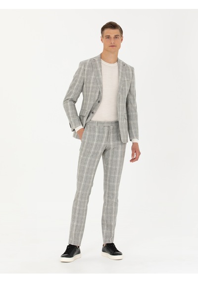 Cacharel Gri Slim Fit Yün Karışımlı Ekose Takım Elbise