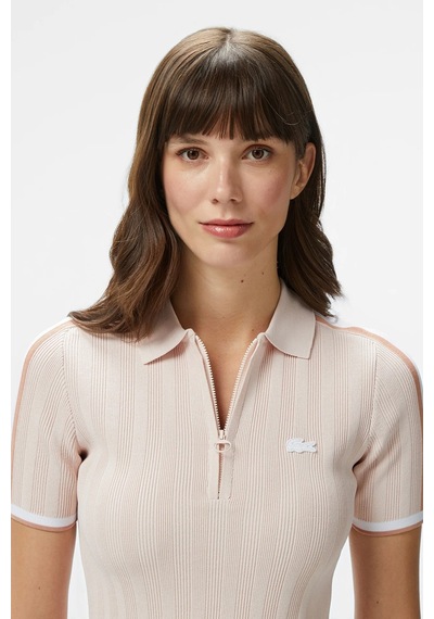 Lacoste Slim Fit Kısa Kollu Yarım Fermuarlı Polo Yaka Full Likralı Triko Tişört Pudra Pembe Pembe