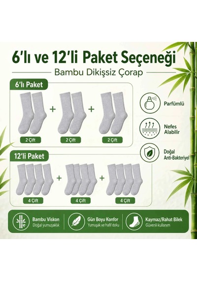 Genel Erkek Bambu Soket Çorap 6 Lı Paket, Dikişsiz Parfümlü Nefes Alan Yumuşak Nem Emic Gri 6'lı / 39-44