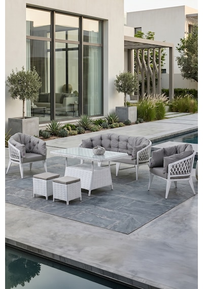 Liatris Serisi 1. Sınıf 3+1+1+2 Puf Beyaz Rattan Gri Minder Bahçe Balkon Oturma Koltuk Takımı Liatris Serisi 1. Sınıf 3+1+1+2 Puf Beyaz Rattan Gri Minder Bahçe Balkon Oturma Koltuk Takımı