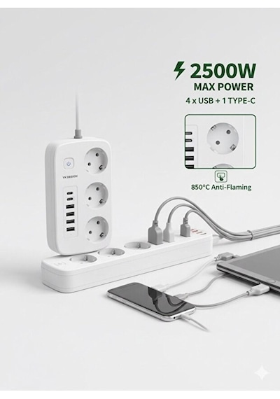 Mercansa 2500w Çoklu Priz 2 Metre - 3 Lü Ac Priz +5 Usb Çıkışı Akım Korumalı Alev Almayan Gövde, 11318708