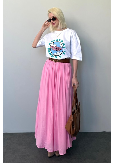 Madmext Pembe Vual Kumaş Basic Kadın Uzun Boy Kadın Etek Mg2366 Pembe