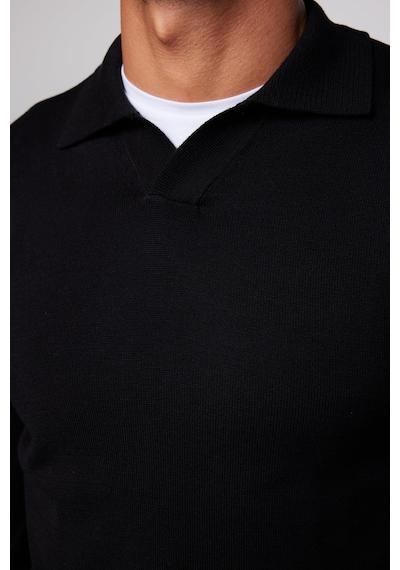 Tudors Erkek Slim Fit Dar Kesim Polo V Yaka Siyah Kazak-29106-siyah Siyah