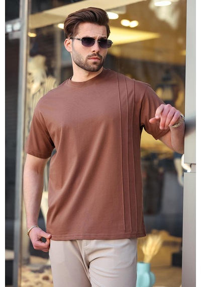 Madmext Kahverengi Overfit Erkek T-shirt E7130 Kahverengi