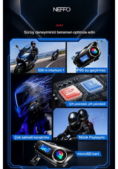 İntercom 2 Kişi Bağlantılı Telsiz Özellikli Bluetooth Kask Kulaklık Ekranlı Fenerli Telsiz Intercom