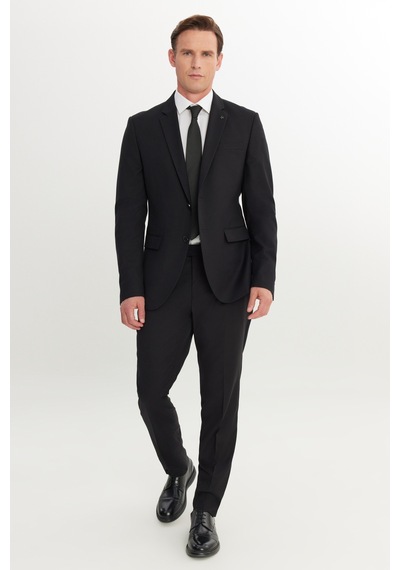 Altınyıldız Classıcs Erkek Sıyah Slim Fit Dar Kesim Mono Yaka Armürlü Esnek Takım Elbise Siyah