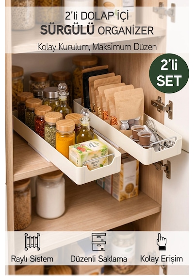 2'li Kendinden Bantlı Sürgülü Raylı Çok Amaçlı Dolap İçi Organizer Banyo Mutfak Düzenleyici 13x34 Cm Krem
