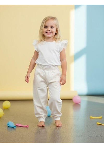 Zekids Kız Çocuk Yumuşak Dokulu Fiyonk Detaylı Yüksek Bel Pantolon-16523 Krem