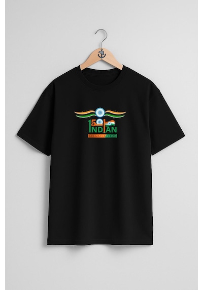 Oversize 15 August Happy Independence Day India Göğüs Tasarımlı Unisex T-shirt Siyah
