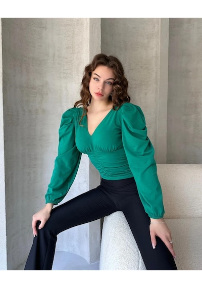 Markahit Defile V Yaka Drape Detaylı Crep Bluz Yeşil