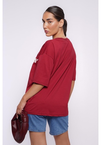 Bordo Baskılı Oversize Tişört Mg1532