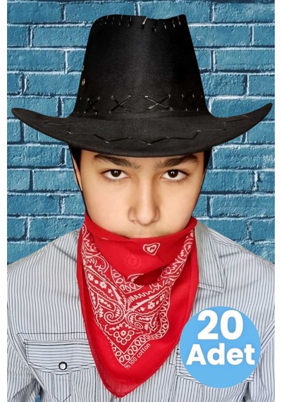 Uniquetrenders Çocuk Unisex Bandanalı 20'li Nubuk Kovboy Şapkası 8-14 Yaş Siyah 2