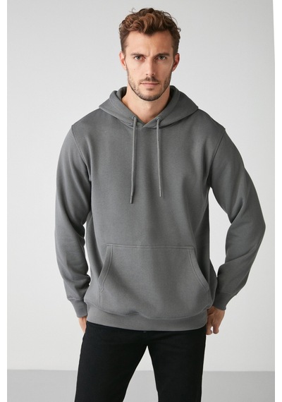 Grimelange Jorge Erkek Yumuşacık Kapüşonlu Organik Pamuk Kanguru Cepli Regular Koyu Gri Sweatshirt