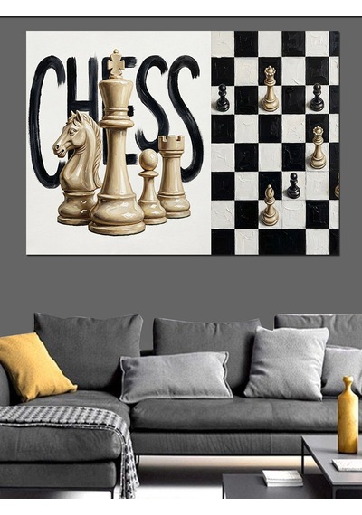 Satranç Taşları Ve Chess Yazısı Dekoratif Kanvas - Mdf Ahşap Tablo