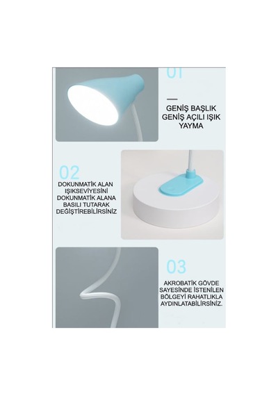 Akrobatik Şarjlı Dokunmatik 20 Led Masa Lambası 3 Renk Işık Modlu Flexible Çalışma Ve Okuma Lambası Wb-1950 Çok Renkli