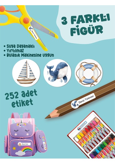 Okul Etiketi Kalem Defter Etiketi Mavi Balina Temalı Özel İsim Yazılabilen Etiket - 252adet
