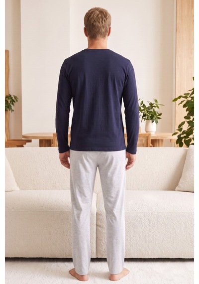 Siyah İnci Baskılı Pamuklu Örme Uzun Kollu Pijama Takım 8076 Lacivert