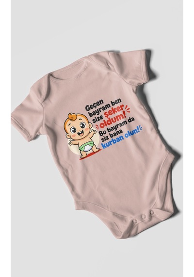 Morivokids Geçen Bayram Ben Yazılı Kısa Kollu Bebek Body %100 Pamuk Pastel Pembe