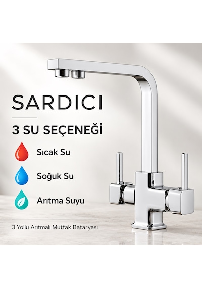 Sardıcı Ramon 3 Yollu Arıtmalı Mutfak Bataryası Pirinç Gövde  Krom