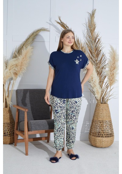Sevim Kadın Büyük Beden Kısa Kol Lacivert Pijama Takım C3t4n851 001