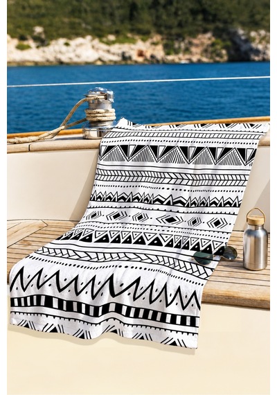 Etnik Bohem Geometrik Plaj Havlusu - Siyah Beyaz Minimalist Modern Hızlı Kuruyan Mikrofiber Havlu Uçuk Şakayık