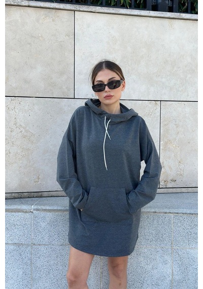 Kadın Antrasit Uzun Kol, Yakası Bağcıklı, Kapüşonlu, Kanguru Cep, Salaş, Uzun Tunik Sweatshirt