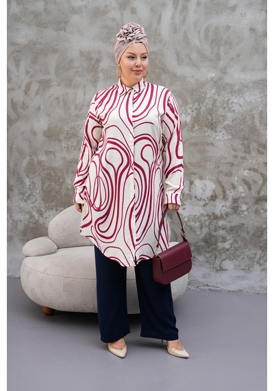 Polologin Butik Bordo Beyaz Modern Desen Tunik Bordo Beyaz