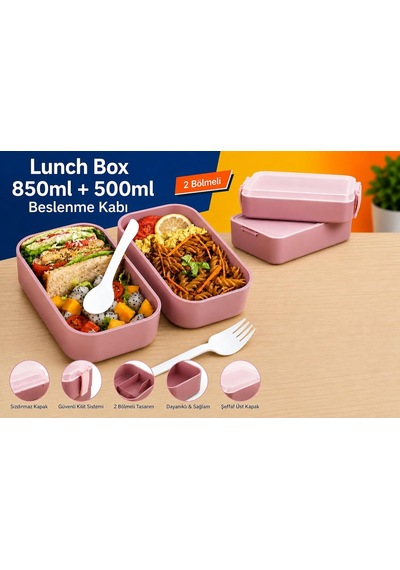 Dordoi Astrallife 2 Katlı Beslenme Kabı 850 Ml + 500 Ml Bölmeli Lunch Box Çatal Kaşık Seti Pembe Renk Çok Renkli