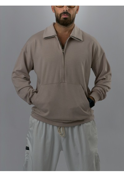 Cocopelli Fermuarlı Polo Yaka Bej Erkek Sweatshirt Coc3523