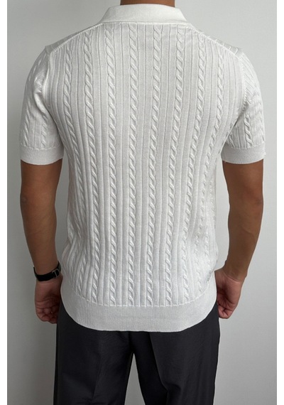 Erkek Fitilli Polo Yaka Triko T-shirt Beyaz