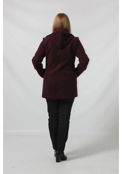 Moda Berray Önü Fermuarlı Ve Düğme Detaylı Kapüşonlu Kaşe Kaban Bordo