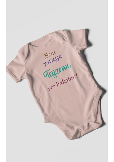 Beni Yavaşça Teyzeme Ver Bakalım Baskılı Bebek Zıbını Çıtçıtlı Body %100 Pamuk Kısa Kol Pastel Pembe