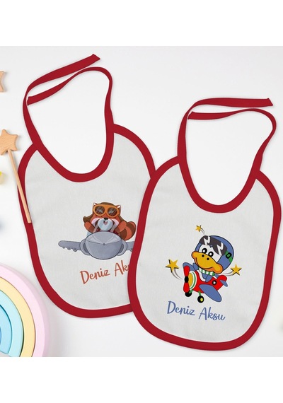 Bk Kids Kişiye Özel Sevimli Pilot Tasarımlı 2 Li Kırmızı Mama Önl Kırmızı