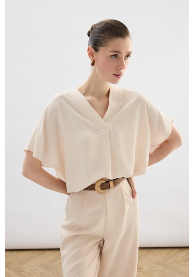 Sateen Geniş Kısa Kollu Bluz - Bej-136759 Bej