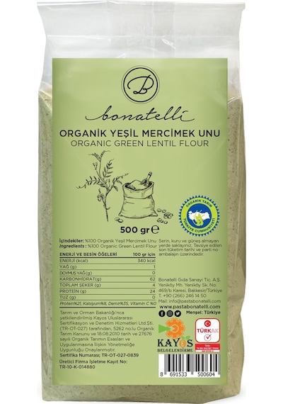 Bonatelli Organik Yeşil Mercimek Unu 500 G