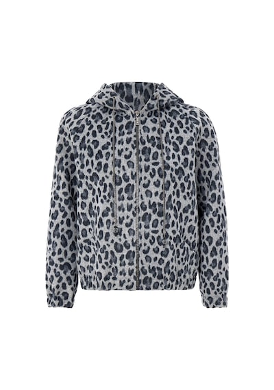 Olcay Kapüşonlu Beli Lastikli Oversize Leopar Desenli Kısa Kaban Gri 3162-l