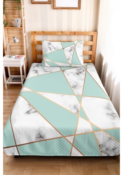 Geometrik Mermer Turkuaz Genç Odası Tek Kişilik Pike Takımı - Gold 160x220 Cm Kapitone Yatak Örtüsü Kabuğu Dal Zemini