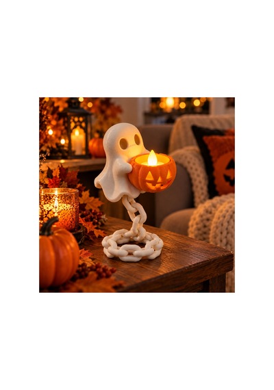 Halloween Cadılar Bayramı Özel Balkabağı Taşıyan Sevimli Hayalet Led Tea Light Gece Lambası Dekoratif Masa Lambası 20 Cm Beyaz Beyaz