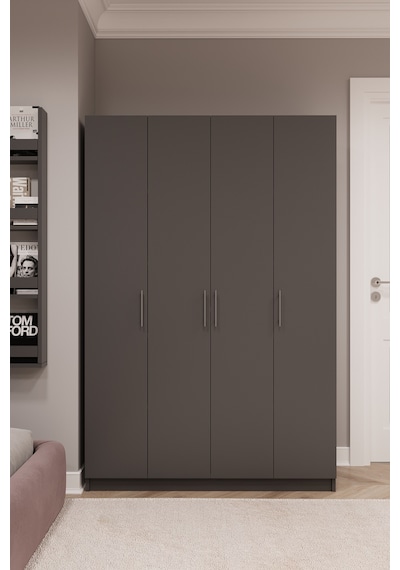 Asra Trend 4 Kapaklı Gardırop G-08 %100 MDF Fonksiyonel Kıyafet Dolabı Antrasit