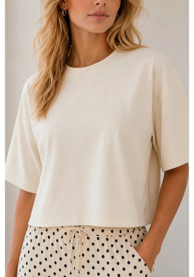 Kadın Puantiyeli Alt Üst Takım Oversize Bluz Ve Bol Paça Pantolon - 2426 L Bej