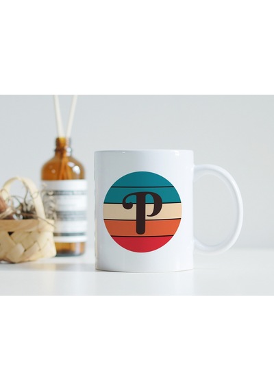 P Harfi Retro Renkli Kupa Bardak - Vintage Tarz Yuvarlak Harfli Kahve Kupası - Kişiye Özel Hediye Beyaz