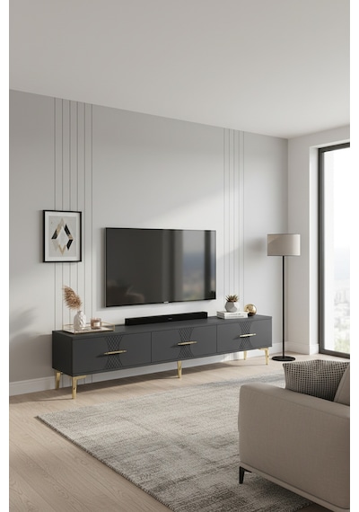 Tsa1832btg Slim Tv Stand, Tv Sehpası Beyaz-traverten-gold 180cm