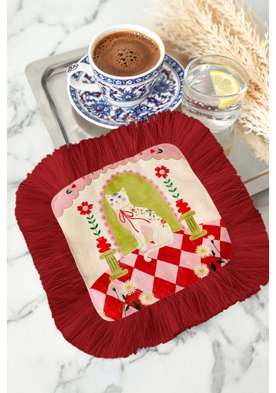 Vintage Saray Kedili Saçaklı Sunum Peçetesi - Şenlikli Bohem Pembe Kırmızı Kahve Yanı Sunum Mendili Kumlu Kömür