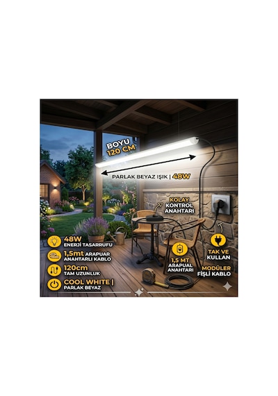 120 Cm 48w Mutfak Tezgah Aydınlatması ,beyaz Anahtarlı Kablolu Set,led İnce Bant Armatür Led Tak Çalıştır Diğer