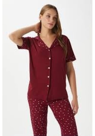 Pijamoni Bayan Milan Kısakollu Boydan Düğmeli Pijama Takım 7515 bordo