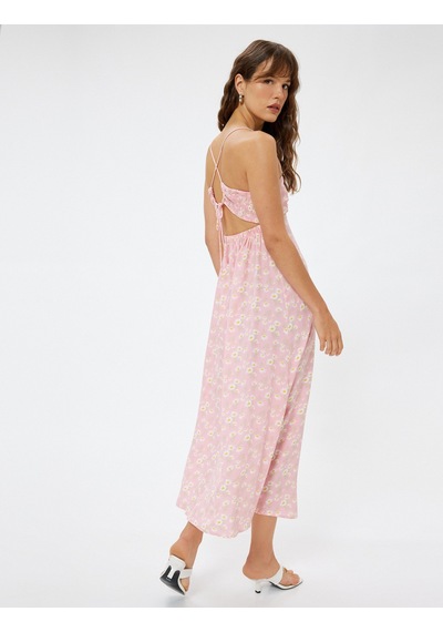 Koton Keten Karışımlı Midi Boy Çiçekli Askılı Elbise Slim Fit Drape Detaylı Pembe Desenli 4sak80474pw Pembe