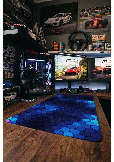 Hex Işık Gaming Mousepad Xxl 90x40 Cm Kaymaz Taban Dikişli Kenar Mavi Neon Oyuncu Masa Pedi