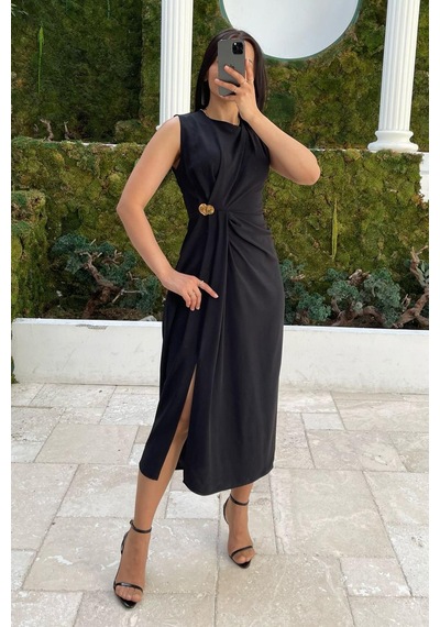 Madmext Siyah Bronşlu Midi Boy Kadın Elbise Mg2418 Siyah