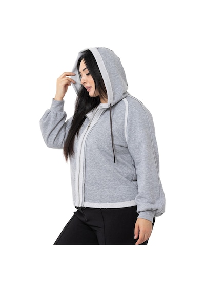 Büyük Beden Kapüşonlu Fermuarlı Üç İplik Gri Melanj Sweatshirt-gri Melanj Gri Melanj