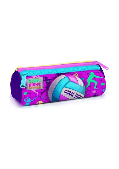 Coral High Kids Pembe Mor Voleybol Desenli Üç Bölmeli Kalem Çantası 22061 Çok Renkli